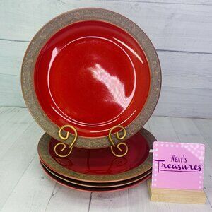 Sango RUSTIC CRANBERRY 5134 Red Rustic Brown Rim Stoneware Dinner Plates Set 4